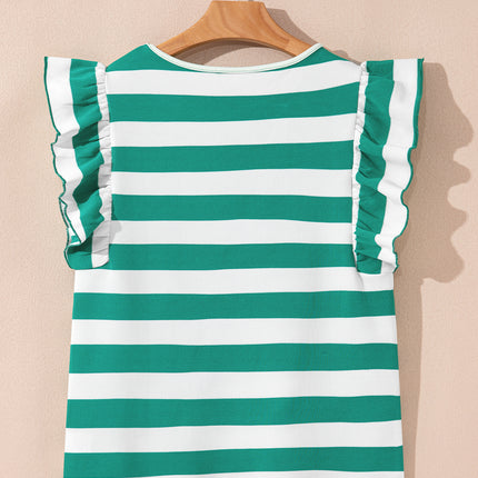 Green Stripe Flutter Sleeve Round Neck T Shirt