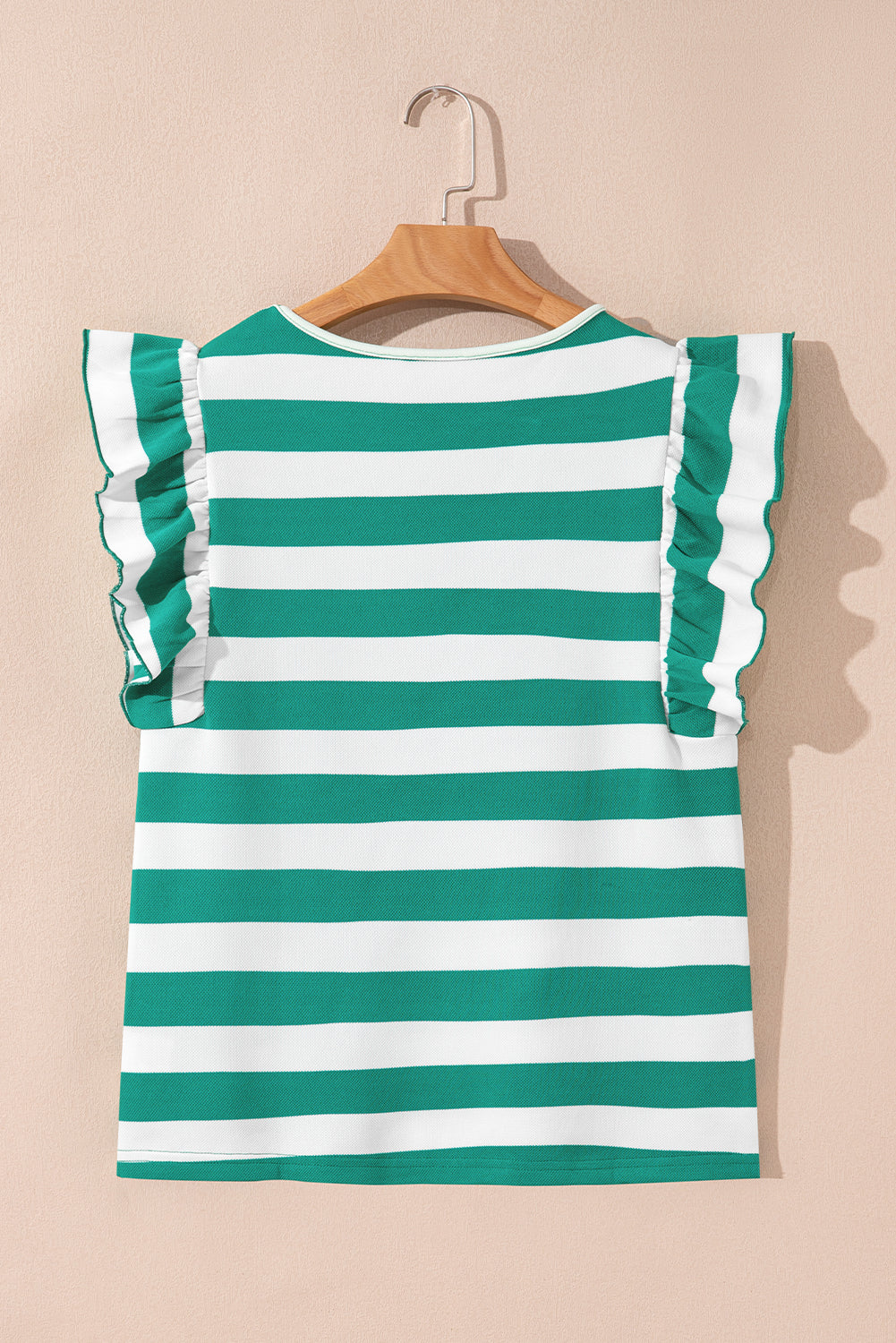 Green Stripe Flutter Sleeve Round Neck T Shirt