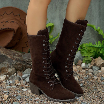 Mid-calf Fashion Suede Lace-up Pointed Chunky Heel Women's Boots