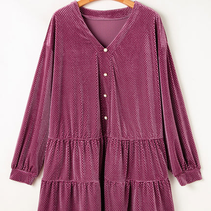 Meadow Mauve Plus Size Textured Velvet Tiered Buttons Tiered Dress