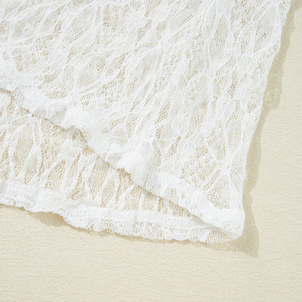 White Sheer Lace Bell Sleeve Mock Neck Blouse