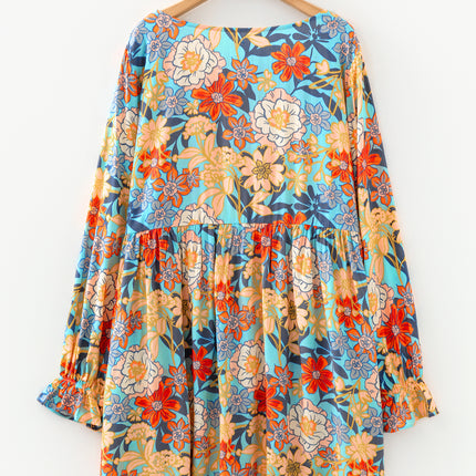 Blue Plus Size Floral Ruffled Long Sleeve Flowy Mini Dress