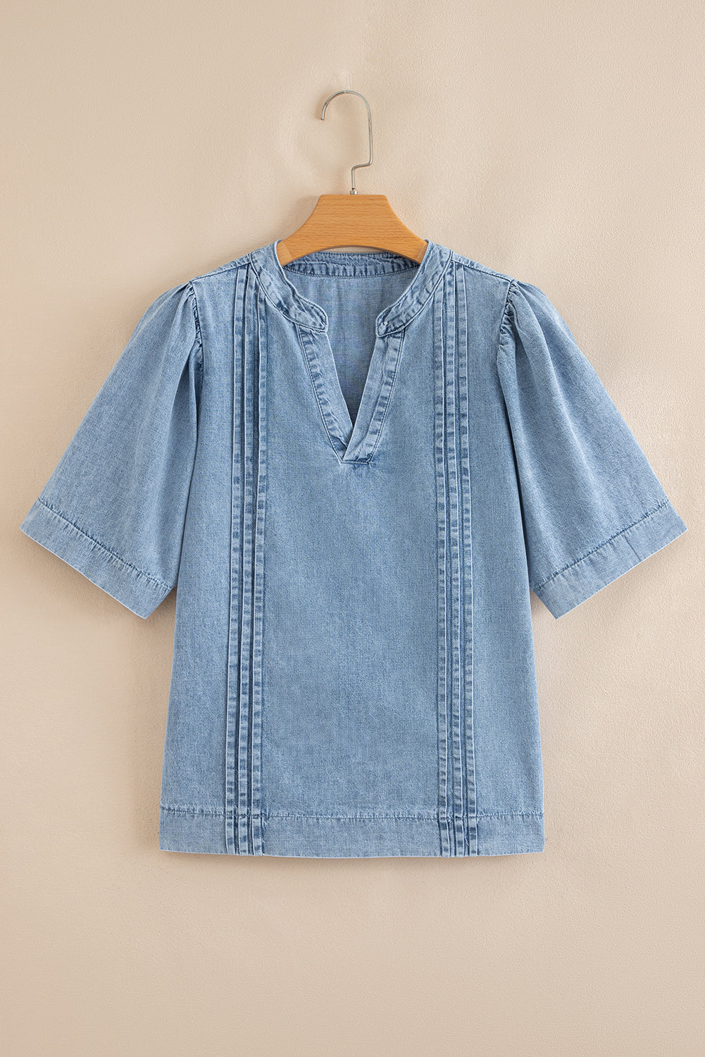 Myosotis Pintuck Pleats Puff Sleeve Split V Neck Summer Denim Top