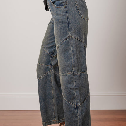 Sail Blue Exposed Stitching Loose Straight High Waist Jeans