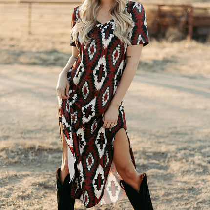 Red Western Aztec Printed Long T-shirt Dress