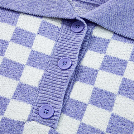 Purple Checkered Collared Buttons Plus Size Sweater