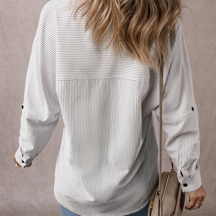 DEAR-LOVER Stripe Roll-tab Sleeve Pocketed Long Shirt