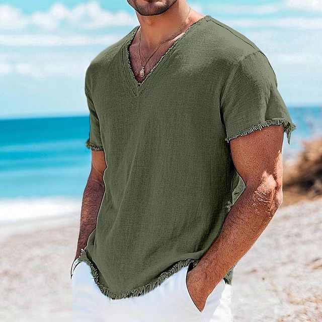 Men's Cotton And Linen Solid Color Short Sleeve