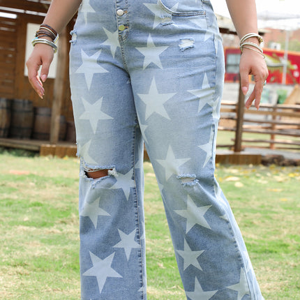 Sky Blue Star Printed Multi Buttons Slit Knee Destroyed Plus Size Jeans