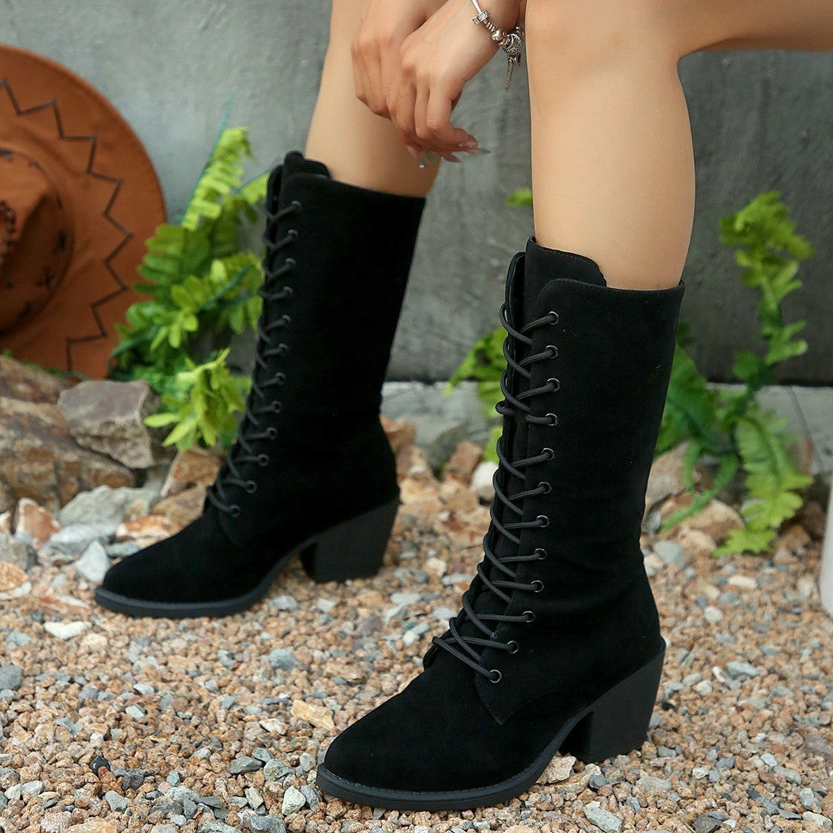 Mid-calf Fashion Suede Lace-up Pointed Chunky Heel Women's Boots