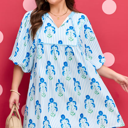 Sky Blue Floral Striped Bubble Short Sleeve Plus Size Dress