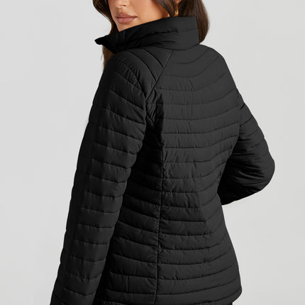 Black Solid Color Quilted Zip-up Puffer Jacket