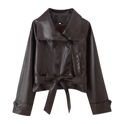 Trendy Wild Two-color Double Breasted Short Lace Up Leather Coat