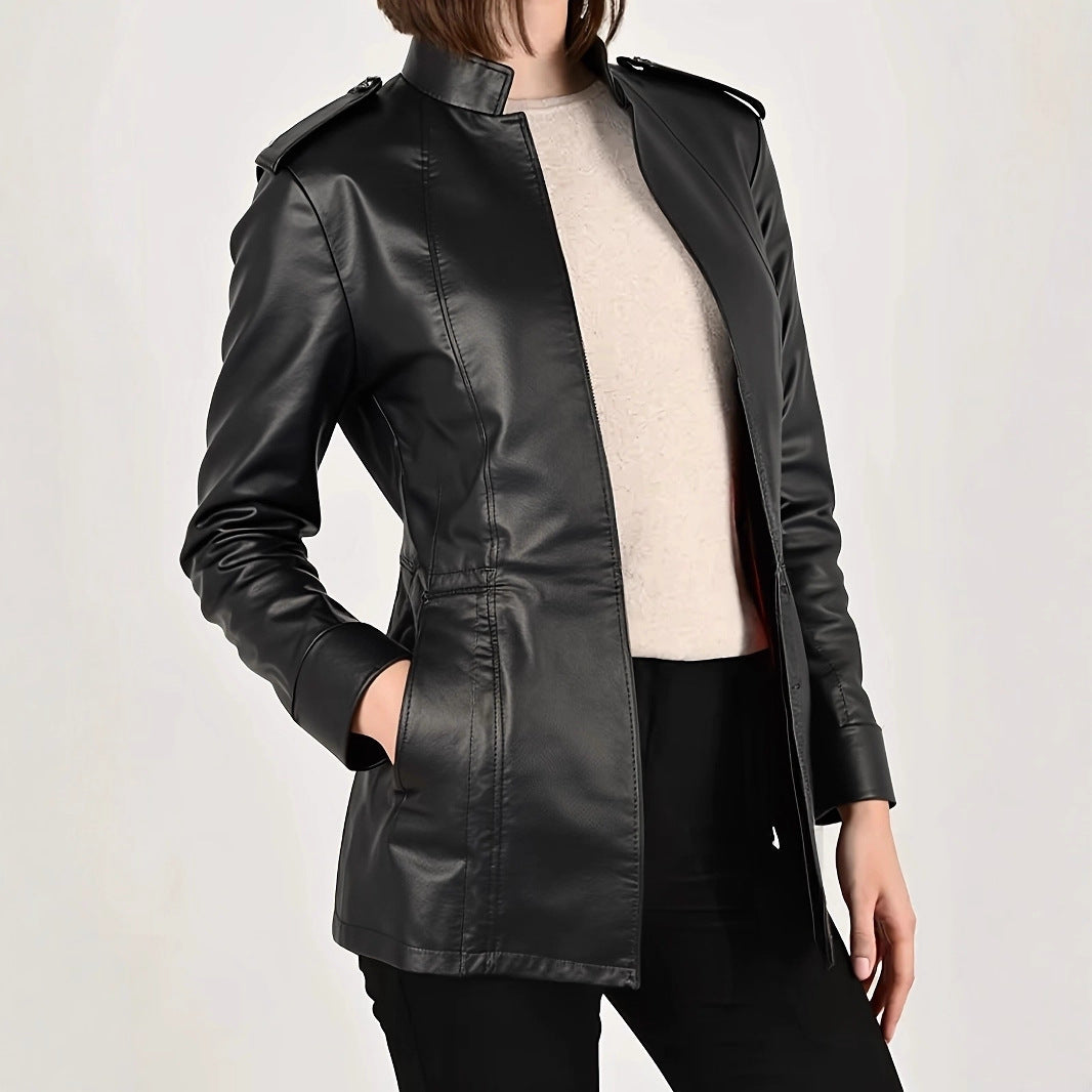 Women's Stand Collar Long Sleeve Distressed Fashion Leather Jacket Coat