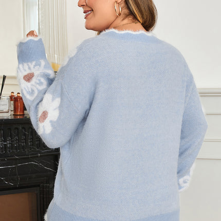 Gray Fuzzy Flower Scalloped V Neck Plus Sweater