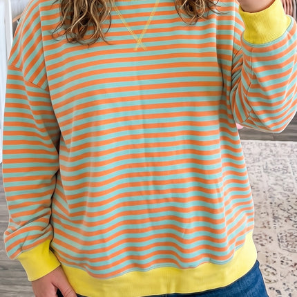 Orange Stripe High Neck Striped Colorblock Tunic Plus Size Sweatshirt