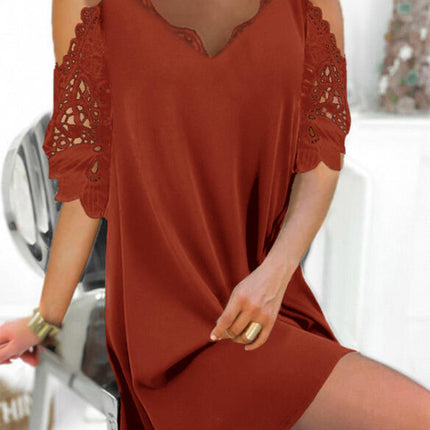 Lace Three-quarter-sleeve Straight-line Elegant Waist-cinched V-neck Dress