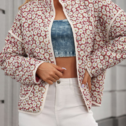 Pink Floral Print Contrast Edge Pocketed Stand Neck Jacket