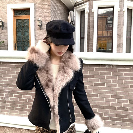 Winter Black Fur Motorcycle Warm Jacket