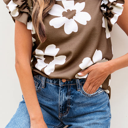 Brown Floral Textured Ruffled Short Sleeve Square Neck Blouse