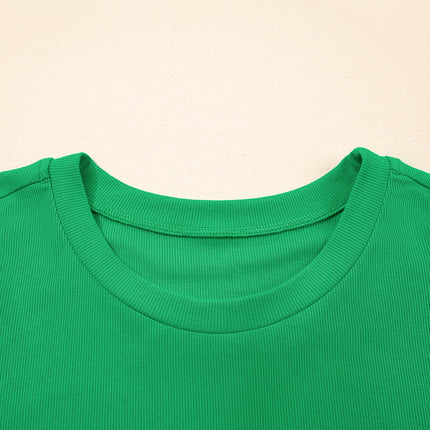 Bright Green Ribbed Pearl Beaded Puff Sleeve Top