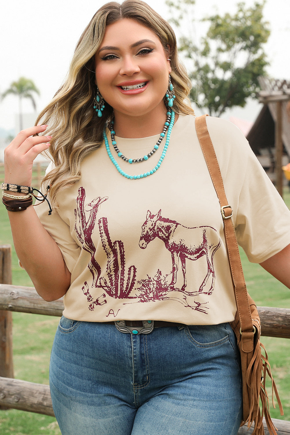 Parchment Western Burro Cactus Crew Neck Graphic Tee