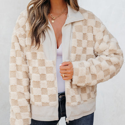 Khaki Checker Sherpa Corduroy Patchwork Zip up Collared Jacket