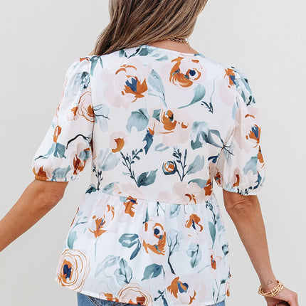 Green Floral Print Puff Sleeve V Neck Babydoll Blouse