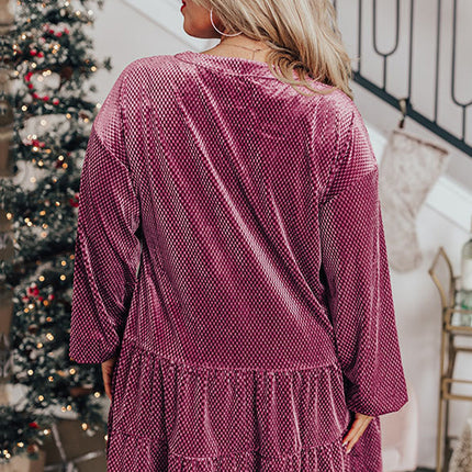 Meadow Mauve Plus Size Textured Velvet Tiered Buttons Tiered Dress
