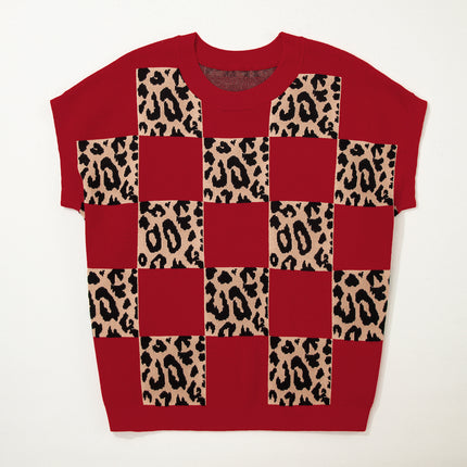Green Plus Size Leopard Contrasted Checkered Short Sleeve Sweater