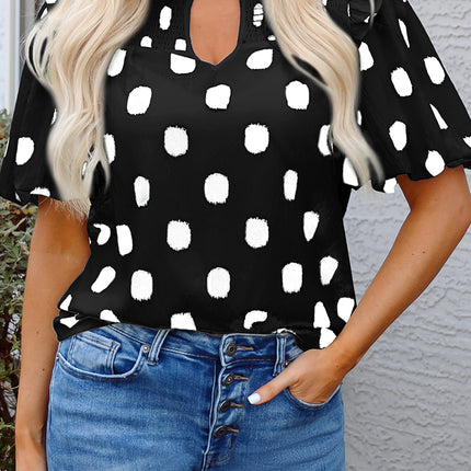 Black Polka Dot Print Shirred Yoke Notched Neck Balloon Sleeve Blouse