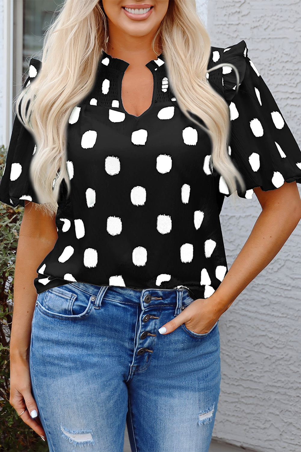 Black Polka Dot Print Shirred Yoke Notched Neck Balloon Sleeve Blouse
