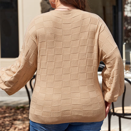 Light French Beige Solid Checkered Textured Knit Plus Size Sweater