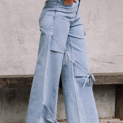 Beau Blue Bowknot Decor Boyfriend Cargo Jeans