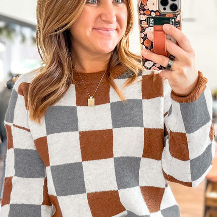 Brown Plus Size Checkered Crewneck Sweater