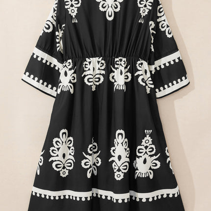Black Western Geometric Print 3/4 Sleeve Loose Midi Dress