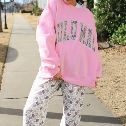Green Camo Print Drawstring Waist Loose Fit Full Length Pants