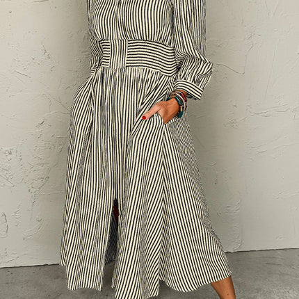 Black Stripe V Neck Zip Front Cinched High Waist Midi Dress