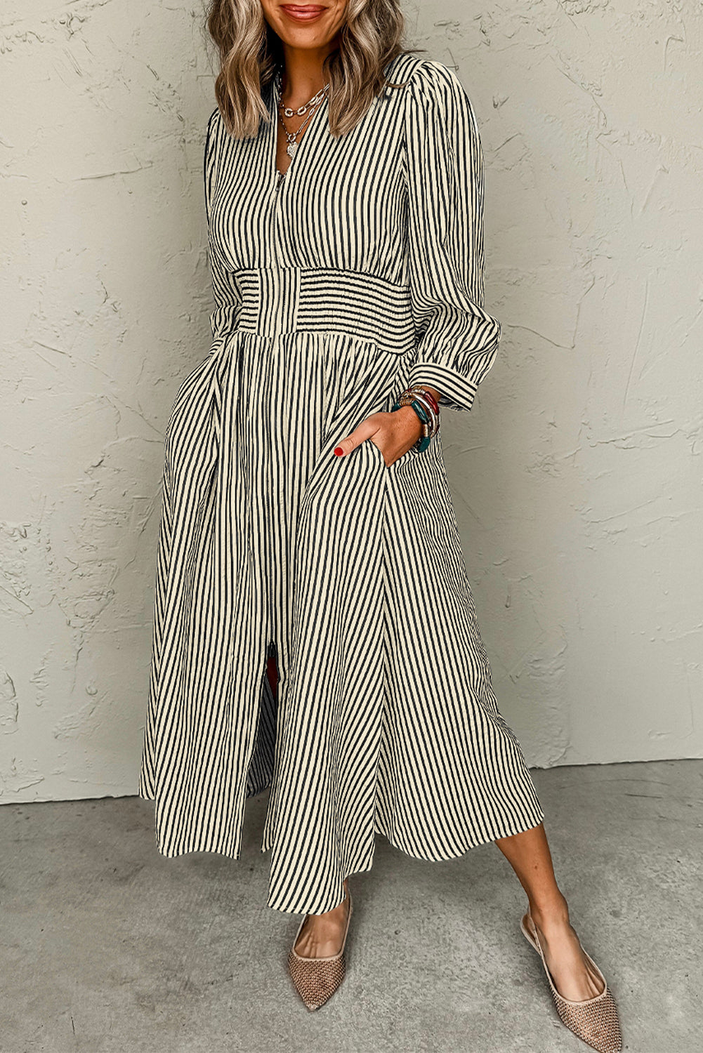 Black Stripe V Neck Zip Front Cinched High Waist Midi Dress