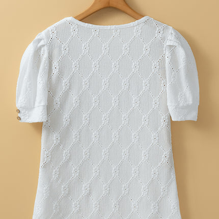 White Flower Geometric Textured Button Short Sleeve Top