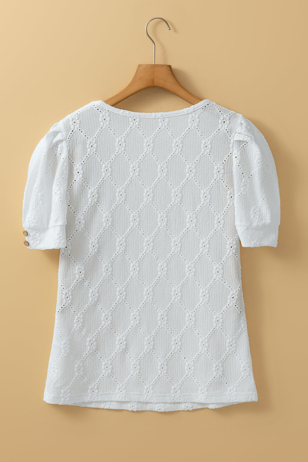 White Flower Geometric Textured Button Short Sleeve Top