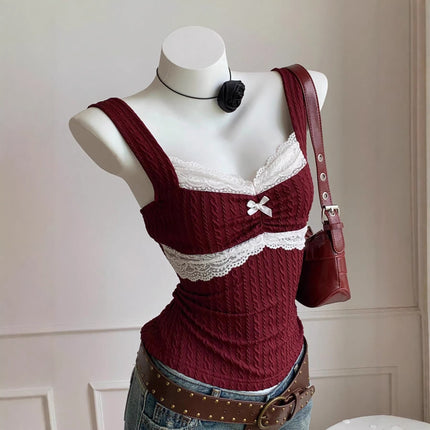 Womens Lace-trimmed Bow-decorated Vest-style Waistcoat Slim-fit Outerwear Top