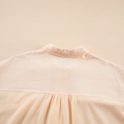 Beige Waffle Splicing Short Batwing Sleeve Flap Detail Shirt