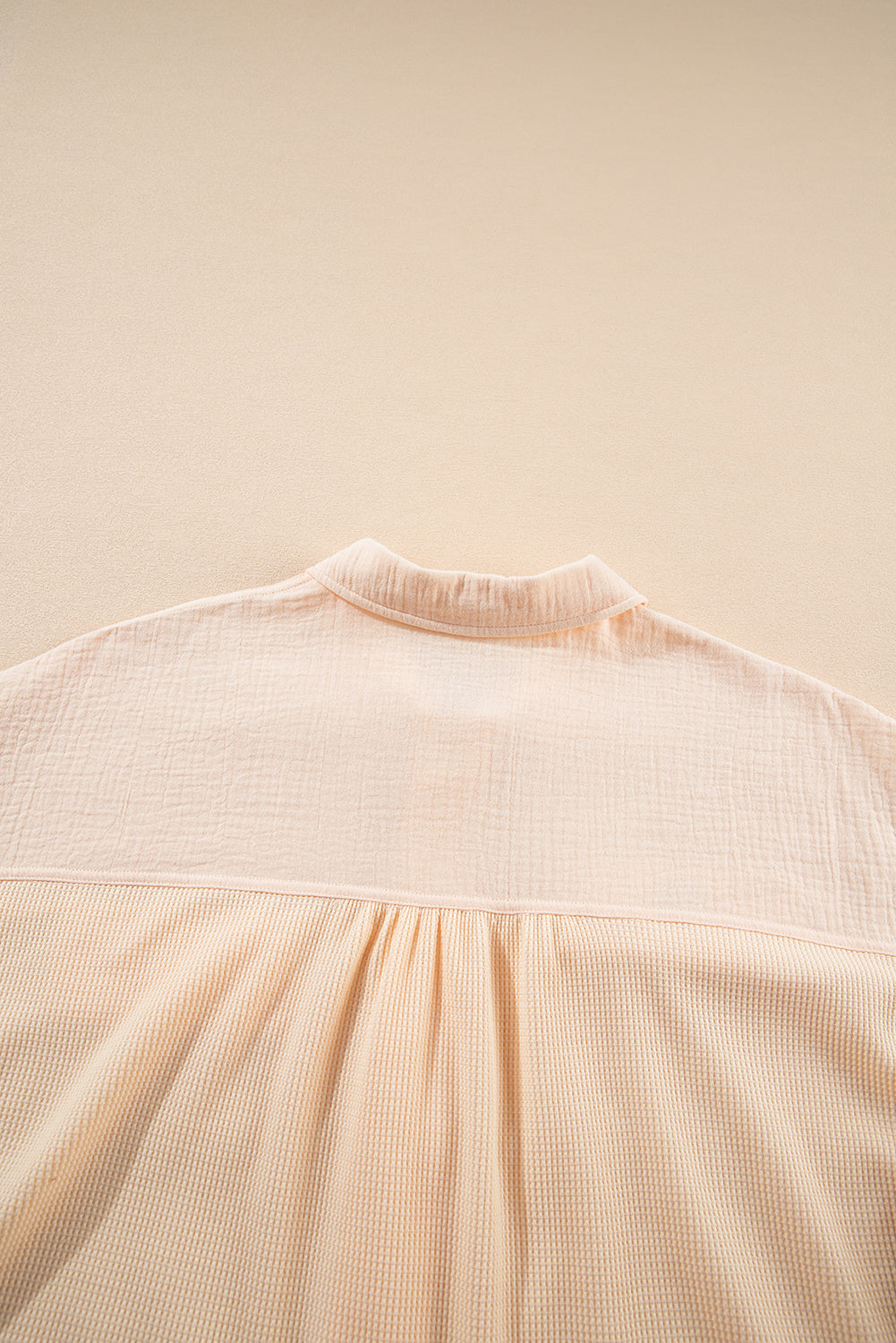 Beige Waffle Splicing Short Batwing Sleeve Flap Detail Shirt