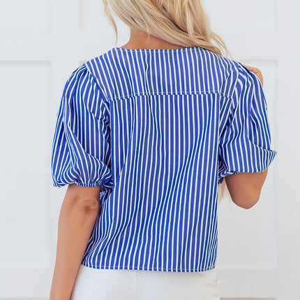 Blue Stripe Tied Front Puff Short Sleeve Blouse