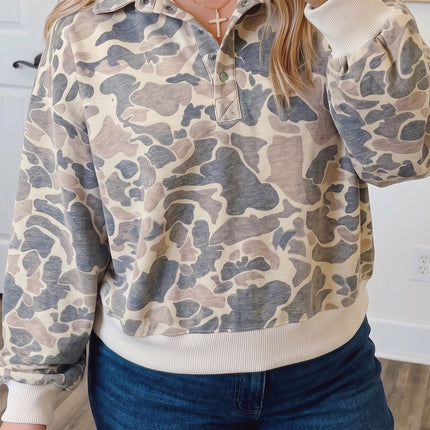 Multicolour Casual Camo V-Neck Buttoned Plus Size Sweatshirt