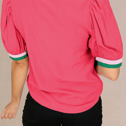 Carrot Colorful Trim V Neck Short Sleeve Blouse