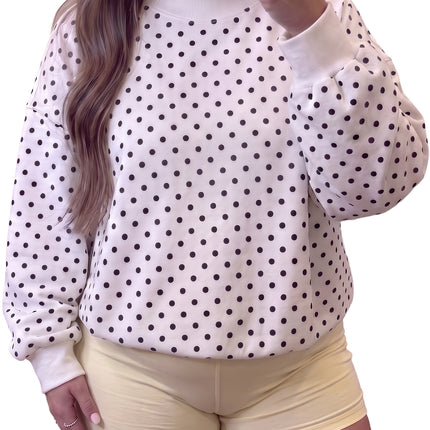 White Polka Dot Ribbed Stand Neck Plus Size Casual Sweatshirt