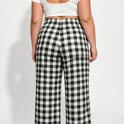 Black Plus Size Plaid Pattern Elastic Waist Shift Pants
