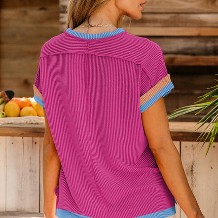 Bright Pink Textured Contrast Trim Round Neck T Shirt